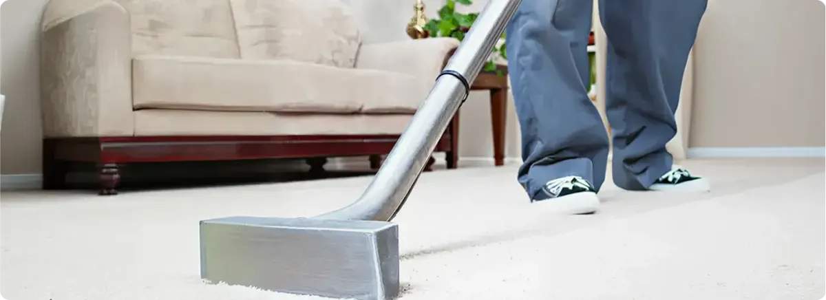 Carpet cleaning technician using a hot-water extraction wand on a light-colored carpet in a living room, Stockton, CA.