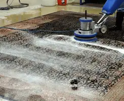 Professional rug cleaning with a rotary floor machine and shampoo foam, deep-cleaning an area rug, in Stockton, CA.